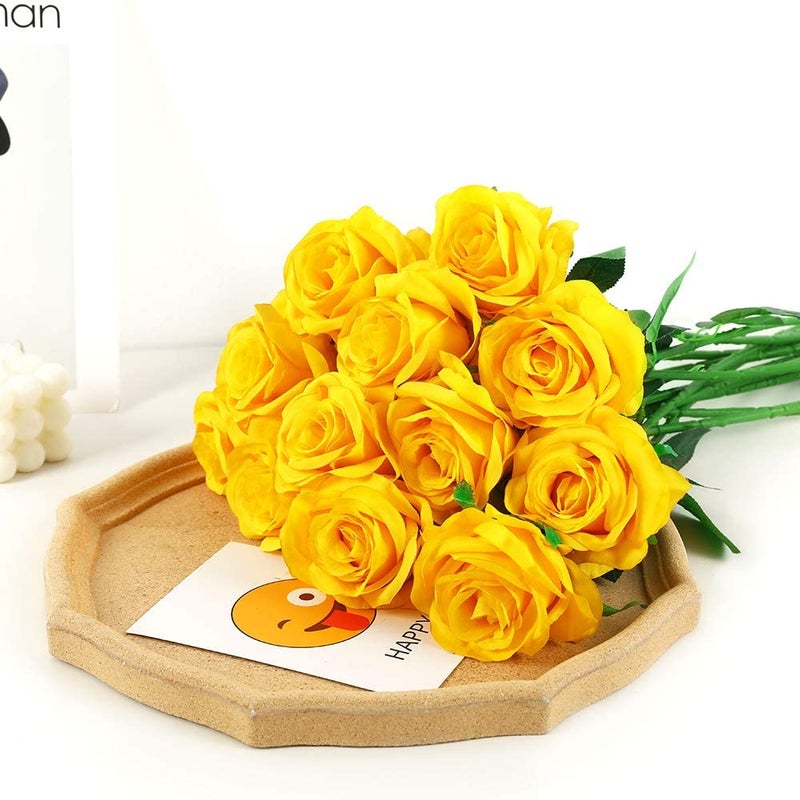 Laelfe 12 PCS Artificial Flowers Roses Silk Flowers Fake Long Stem Artificial Roses for Home Wedding Decorations (Yellow) - Image 2